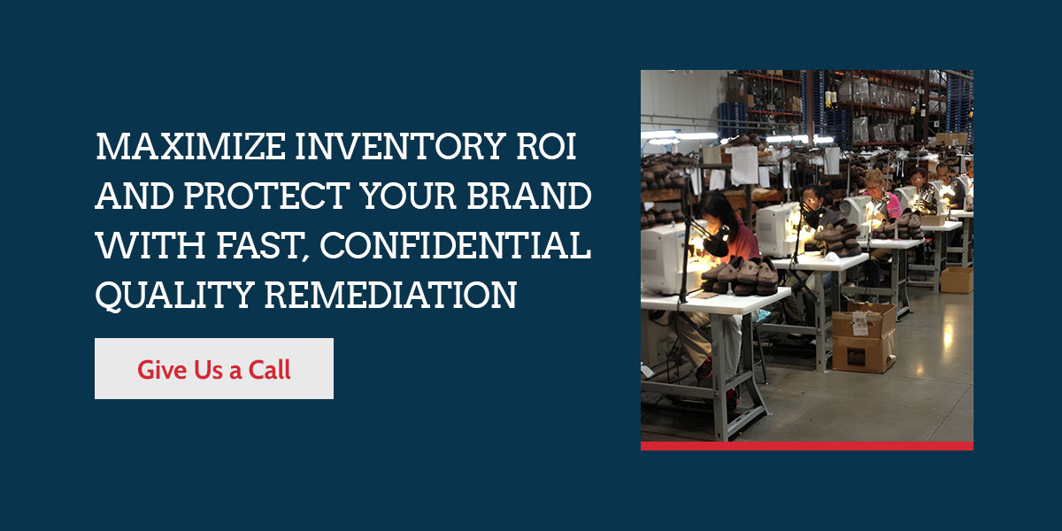 Quality Corrections & Inspections (QCI) facility showing technicians performing high-volume rework and quality remediation on footwear inventory, illustrating the commitment to maximizing inventory ROI and protecting your brand. The text reads: MAXIMIZE INVENTORY ROI AND PROTECT YOUR BRAND WITH FAST, CONFIDENTIAL QUALITY REMEDIATION.