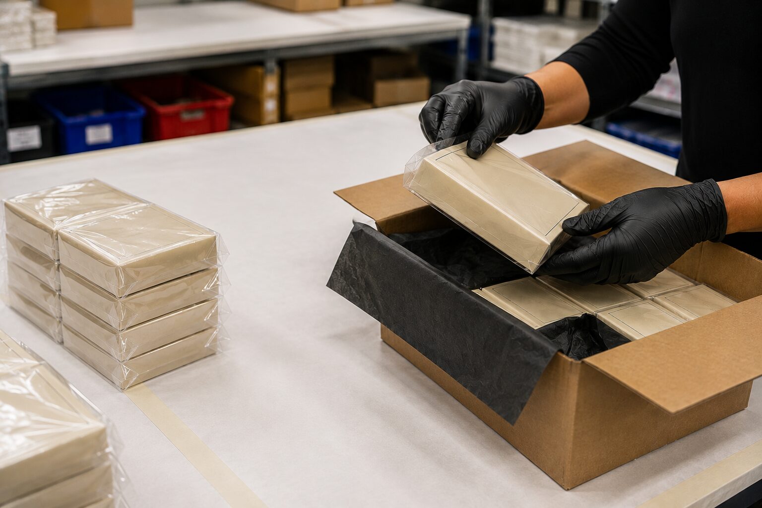 Reworked goods wrapped and staged beneath a packaging press